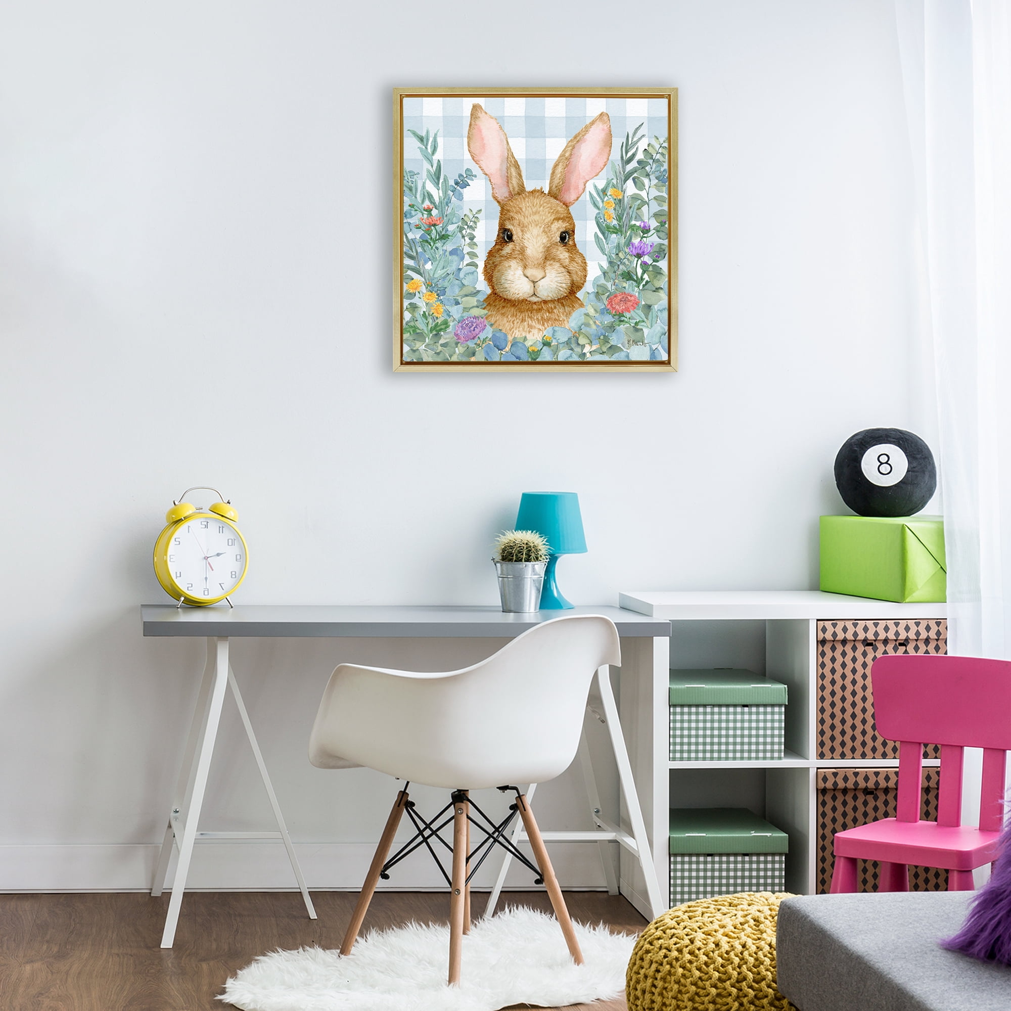Stupell Industries Rabbit Laurel on Gingham Gold Framed Floater Canvas Wall Art, design by Paul Brent