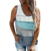 SHEWIN Women's Stripes Knit Tank Top Sleeveless V-Neck Color Block Knits Loose Tank Tops Blouse Shirts