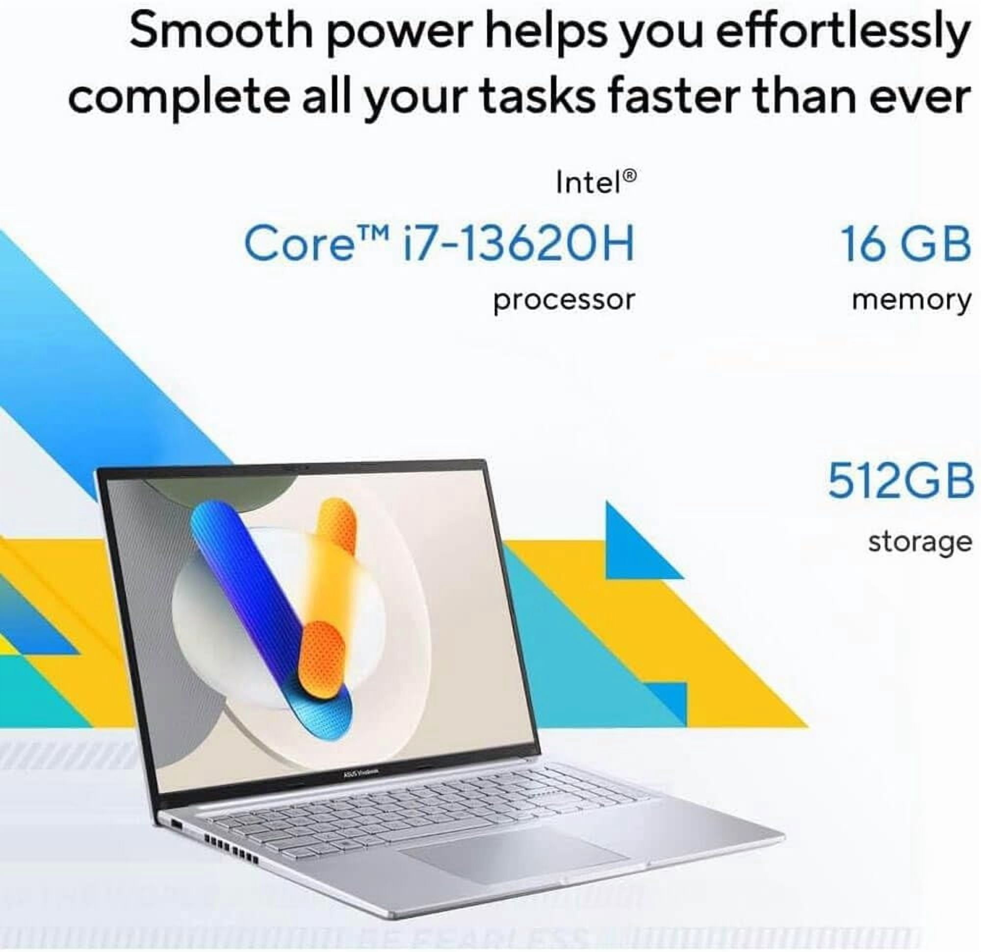 Asus Vivobook 16 Laptop 16 Inch WUXGA IPS Display Intel Core i7 13620H 16GB DDR4 RAM 512GB PCIe SSD WiFi 5 Windows 11 Cool Silver Bundle Antivirus Mouse Pad Screen Cleaner 24 Month CPS Warranty