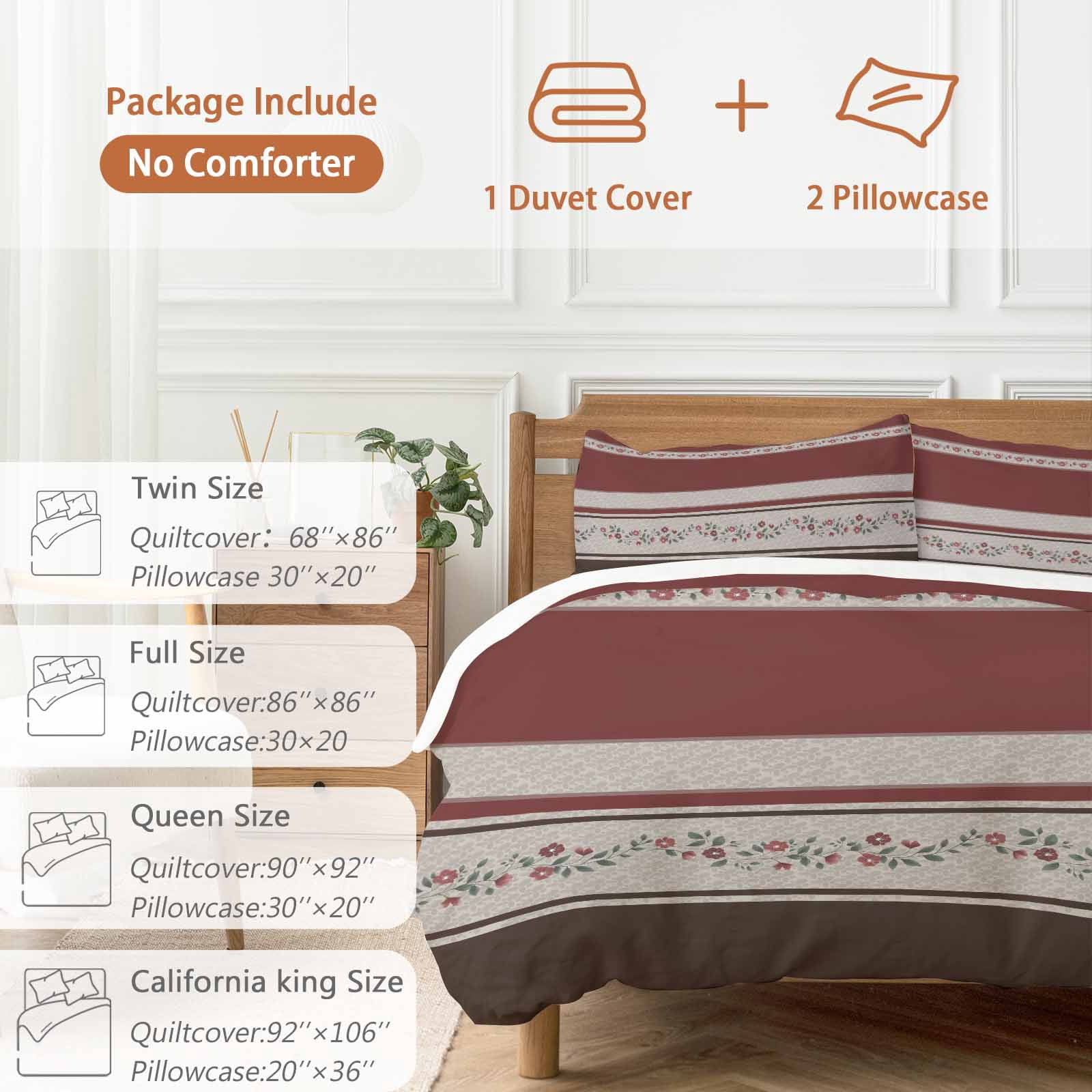 Red Floral Bedding 3 Piece Duvet Cover Set California King, Modern Farmhouse Leaves Brown Striped Microfiber Comforter Cover with Zipper Closure & Pillowcases, Wrinkle & FadeResistant Quilt Cover