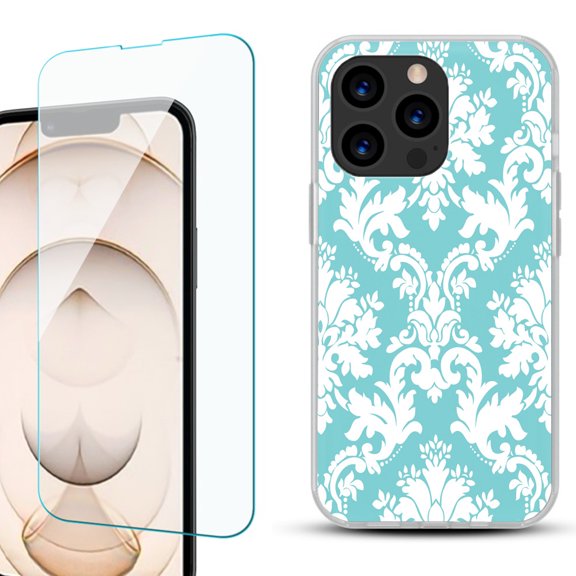 Slim-Fit Anti-Scratch Gel TPU Phone Case for iPhone 13 Pro, with Tempered Glass Screen Protector, by OneToughShield ® - Victorian White/Teal