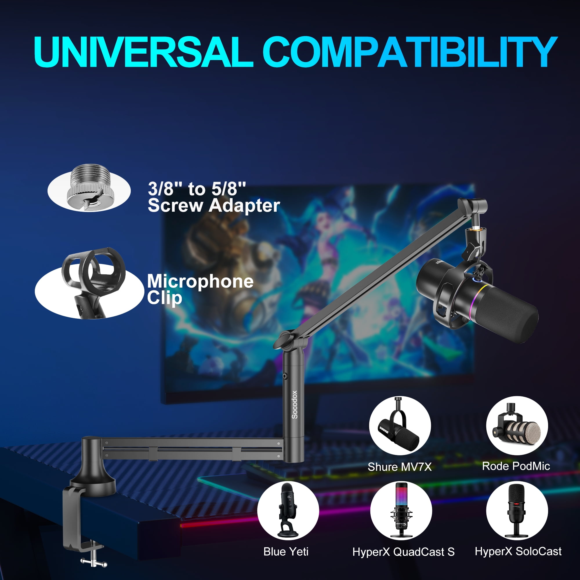 Socodox Low Profile Mic Arm,Upgraded Microphone Boom Arm Stand with 7cm Desk Mount Clamp and 3/8" & 5/8" Adapter for Blue Yeti,Podcasting,Gaming,Black
