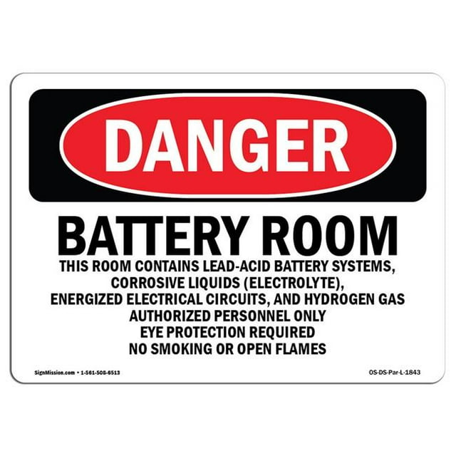 SignMission OS-DS-A-1218-L-1843 12 x 18 in. OSHA Danger Sign - Battery Room Authorized Personnel Only