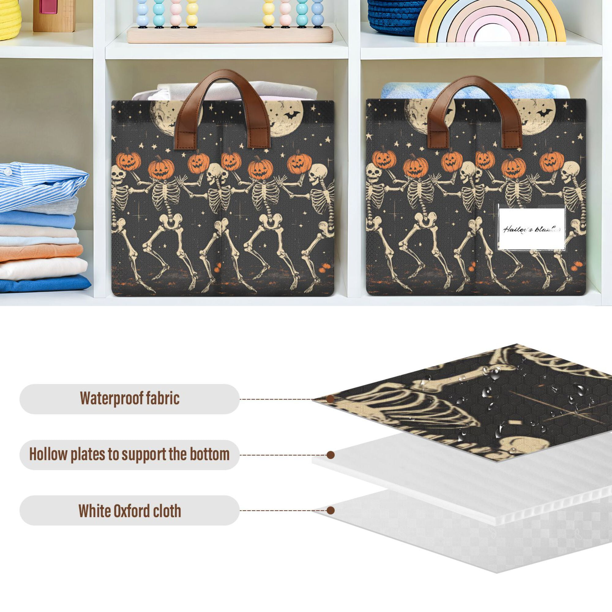 Yayeee Foldable Storage Basket for Shelves with Handles Set of 2 Waterproof Cloth Bins, Black Halloween Dancing Skeleton