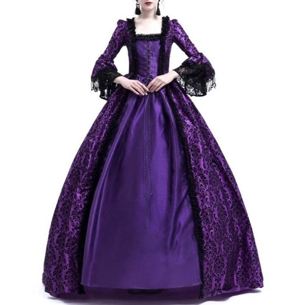 RYRJJ Women's Gorgeous Gothic Ball Gown Flared Sleeves Renaissance Vintage Medieval Dress Square Neck Lace Patchwork Masquerade Maxi Long Dress(Purple,3XL)