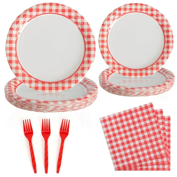 96Pcs Party Plates and Napkins Sets, Red Gingham Checkered Paper Plates and Napkins Party Supplies for Picnic Birthday, Serve for 24 Guests, Red and White