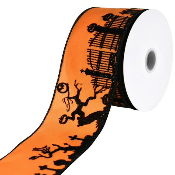 Homeford Flocked Halloween Scene Satin Wired Ribbon, 2-1/2-inch, 10-yard, Orange