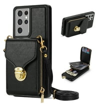 for Samsung Galaxy S21 Ultra Case Wallet with Shoulder Strap for Women - Crossbody Lanyard,Zipper Pocket,Credit Card Holder,Shockproof - Metal Buckle Closure Premium PU Leather Case, Black