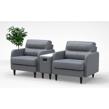 2 Person Lobby Waiting Reception Lounge Chairs Set with Charging Tables Genuine 100% Leather Color Graphite Gray Corporate Offices Commercial Retail Spaces Model 9078 3pc.