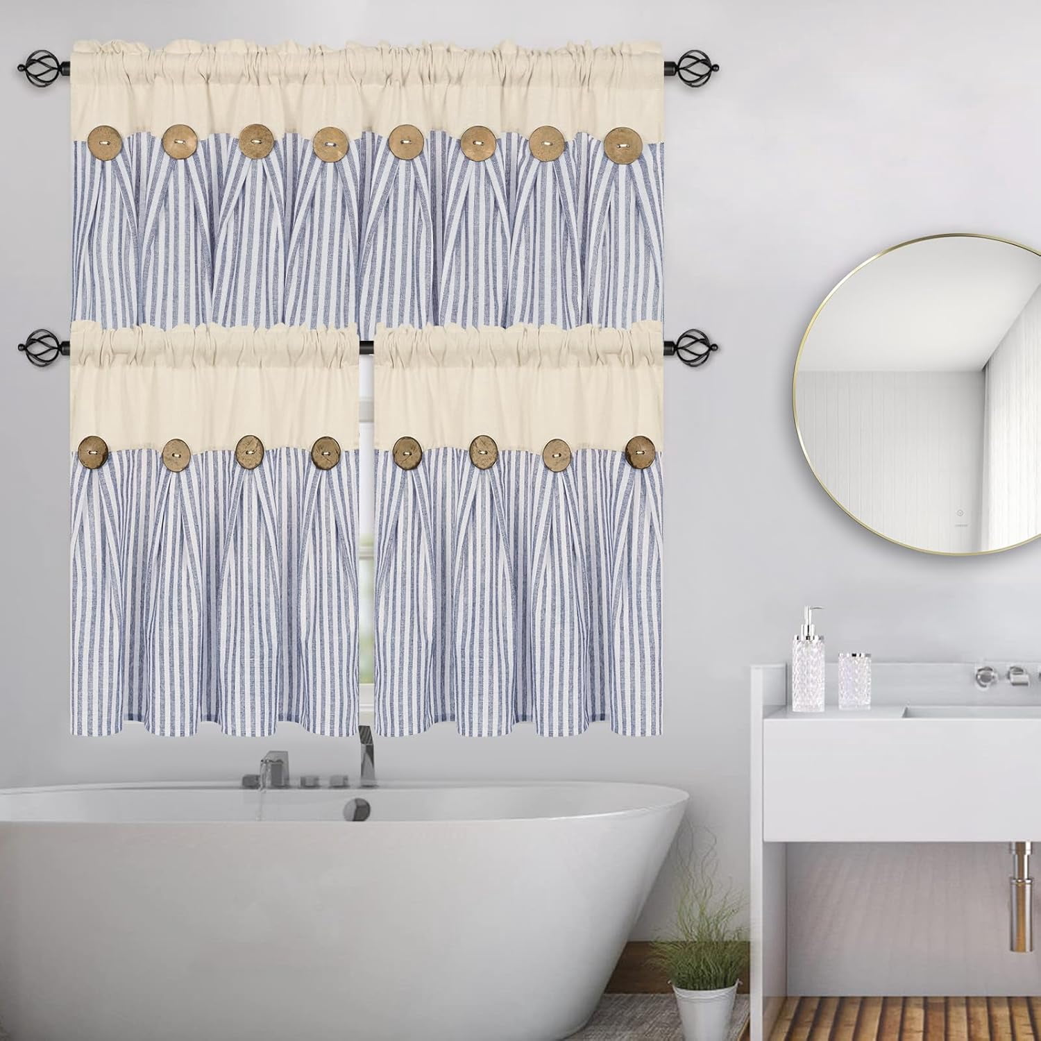 Cotton Linen Farmhouse Kitchen Curtains 24 Inch Boho Rustic Button Tier Curtains Natural/Blue Stripe Color Block Curtain Rod Pocket Small Window Curtain for Cafe Bathroom Bedroom Drapes