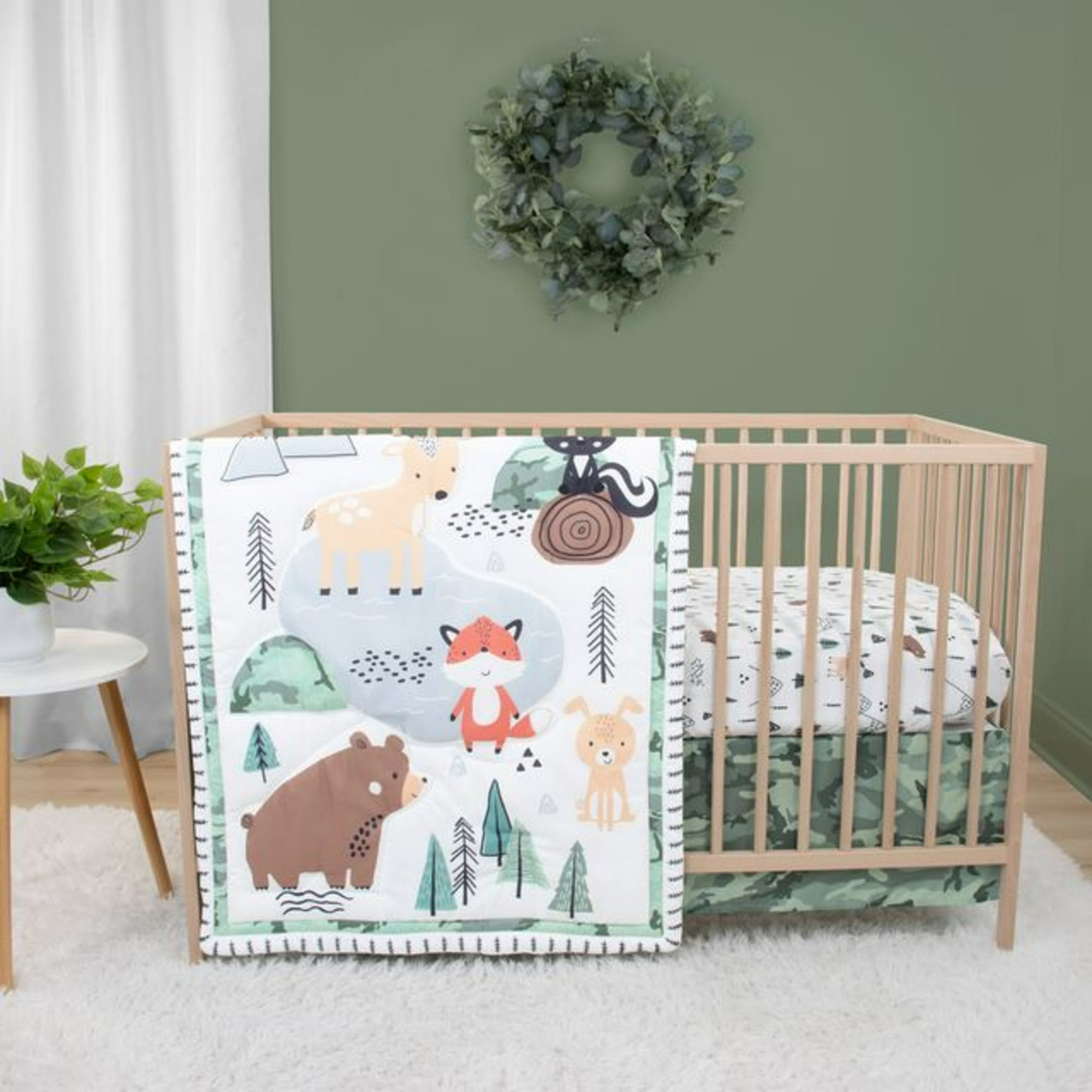 The Peanutshell Woodland Camo Crib Bedding Set for Baby Boys, 3 Piece Nursery Bed Set, Crib Comforter, Fitted Sheet, Crib Skirt - White/black/grey/gre