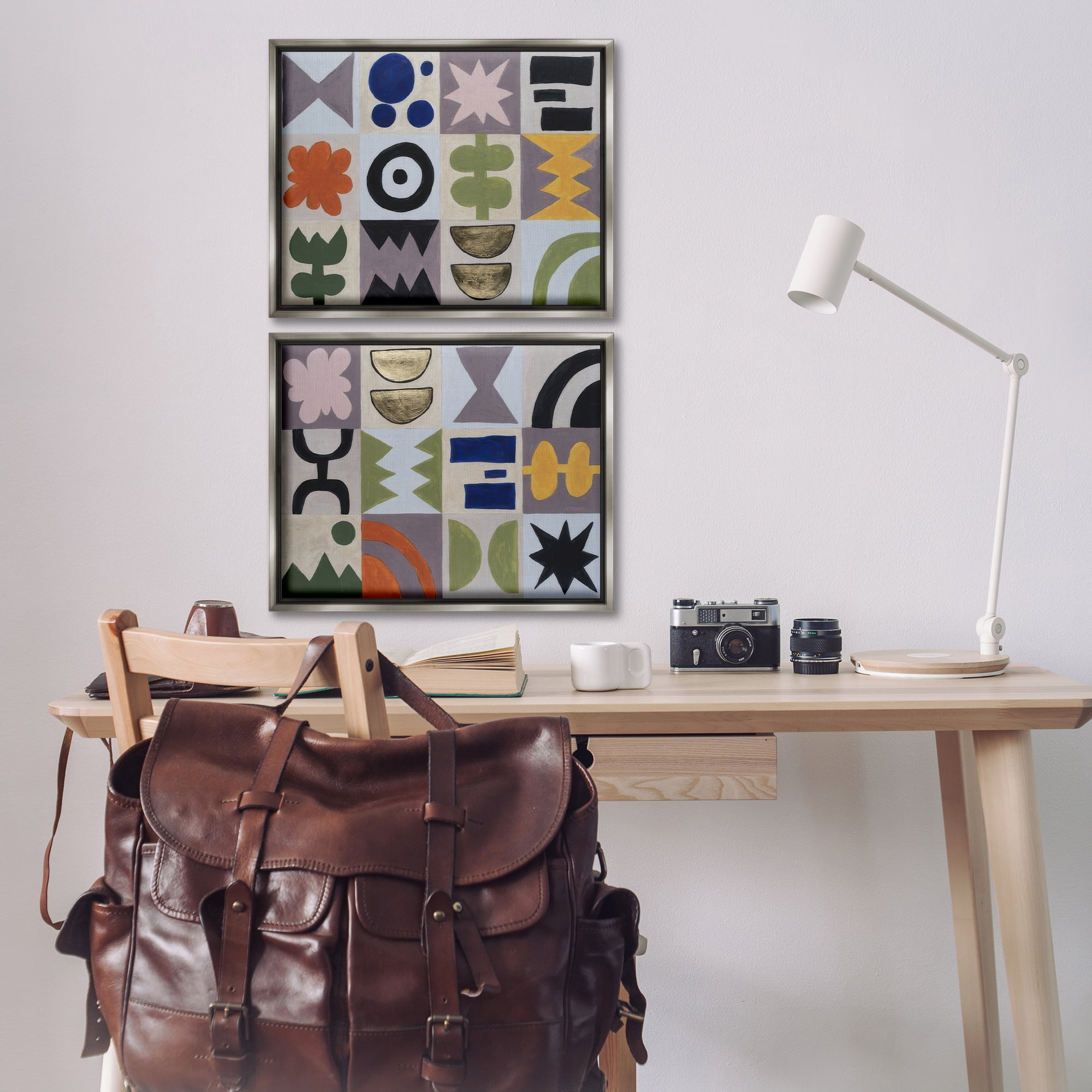 Stupell Industries Bohemian Shapes Squares Abstract Painting Gray Floater Framed Canvas Art Print Wall Art, 21 x 17, Set of 2