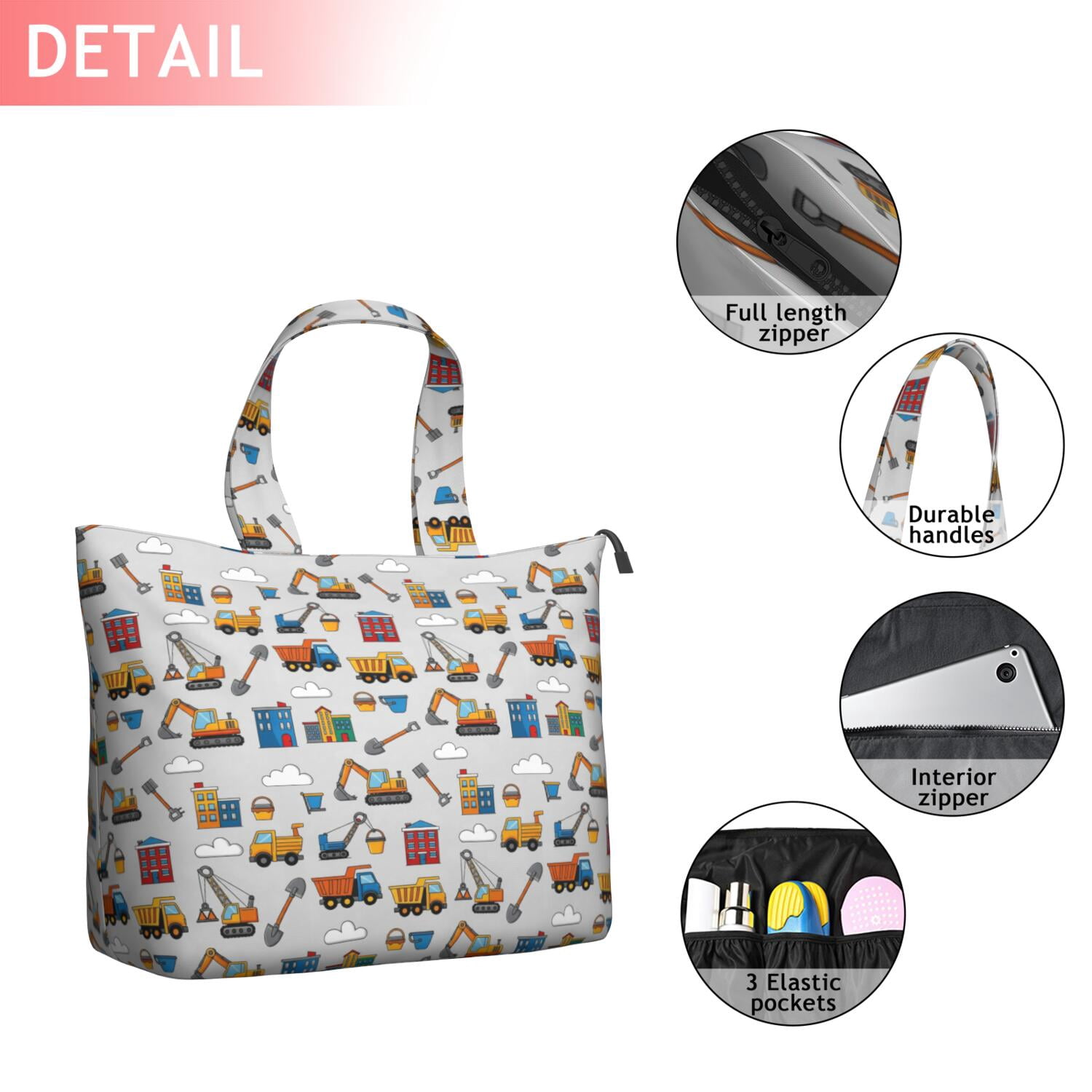 Cartoon Construction Vehicles Buildings Travel Tote Bags for Women Carry On,Large Weekender Bags for Women Travel,Multi Functional Duffle Bag for Work,Shopping,Sports