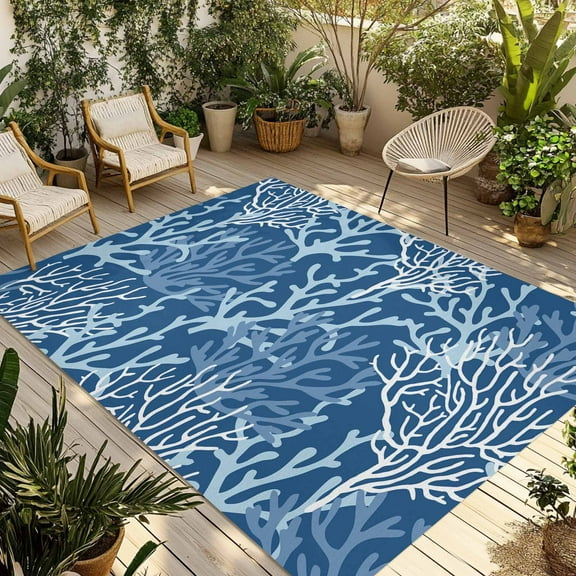 Fsddascl Navy Blue Coral Coastal Outdoor Rug for Patio/Deck/Porch, Non-Slip Large Area Rug 4 x 6 Ft, Ocean Nautical Seaside Beach Indoor Outdoor Rugs Washable Area Rugs, Camping Rug Carpet