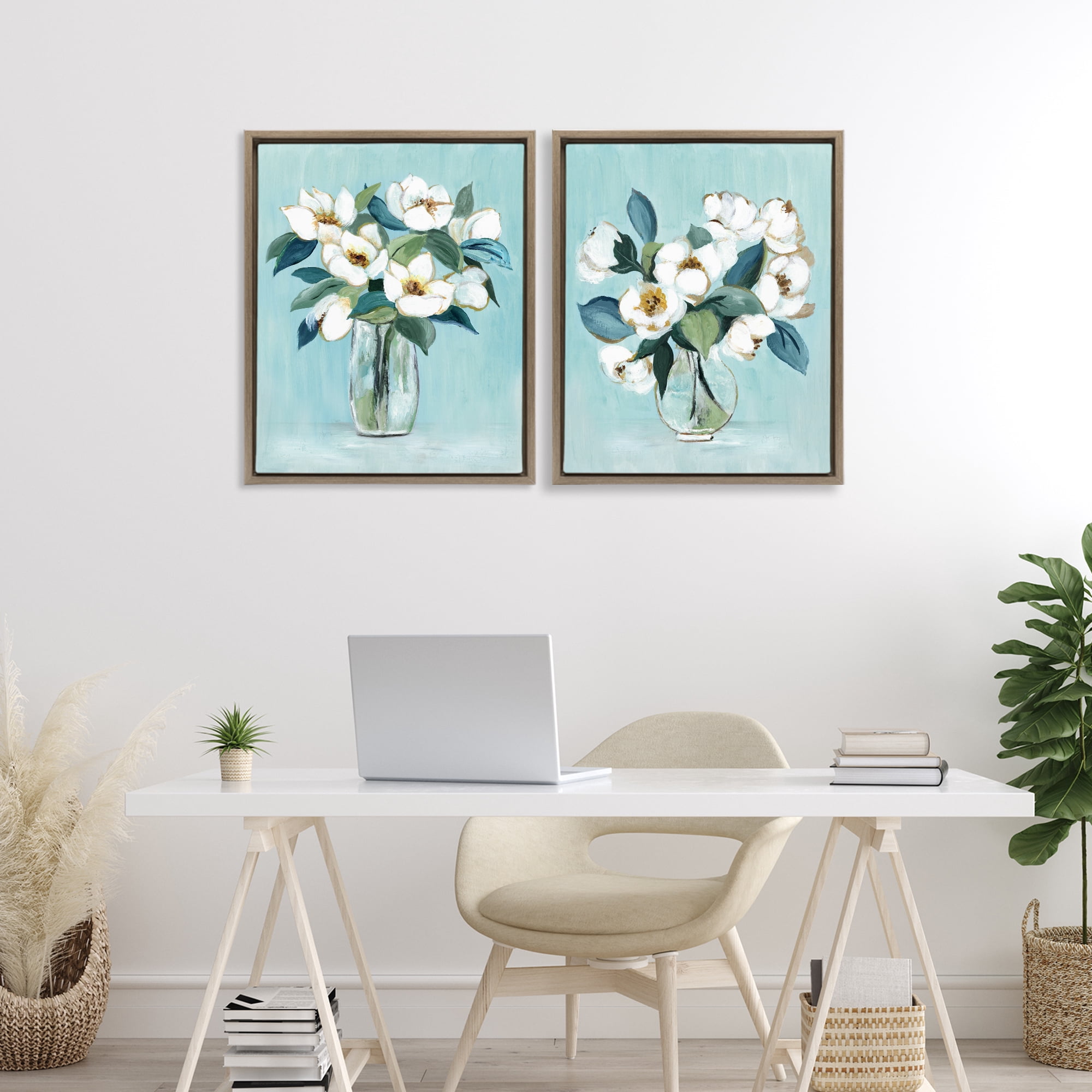 Stupell Industries Magnolia Blossom Vases 2 Piece Brown Framed Floater Canvas Set, design by Janet Tava
