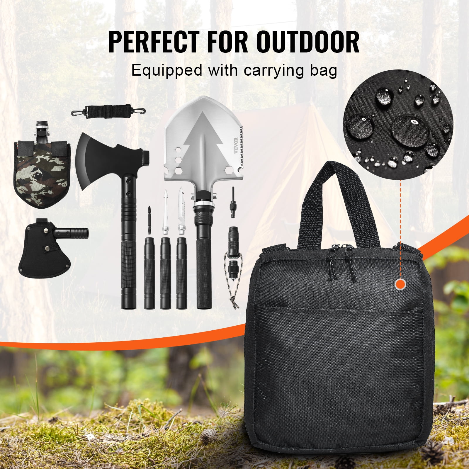 VEVOR Survival Shovel Survival Axe, 16-in-1 Camping Folding Shovels with Hatchet, Stainless Steel Tactical Shovel Hatchet Combo, Multifunctional Emergency Survival Gear Equipment for Camping Hiking