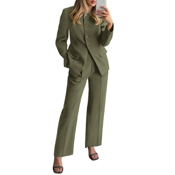 Women's Fashionable Casual Long-Sleeved Solid-Colour Elegant Trouser Suit with Stylish Design High-End Two-Piece Set, Professional and Chic,Army Green,L
