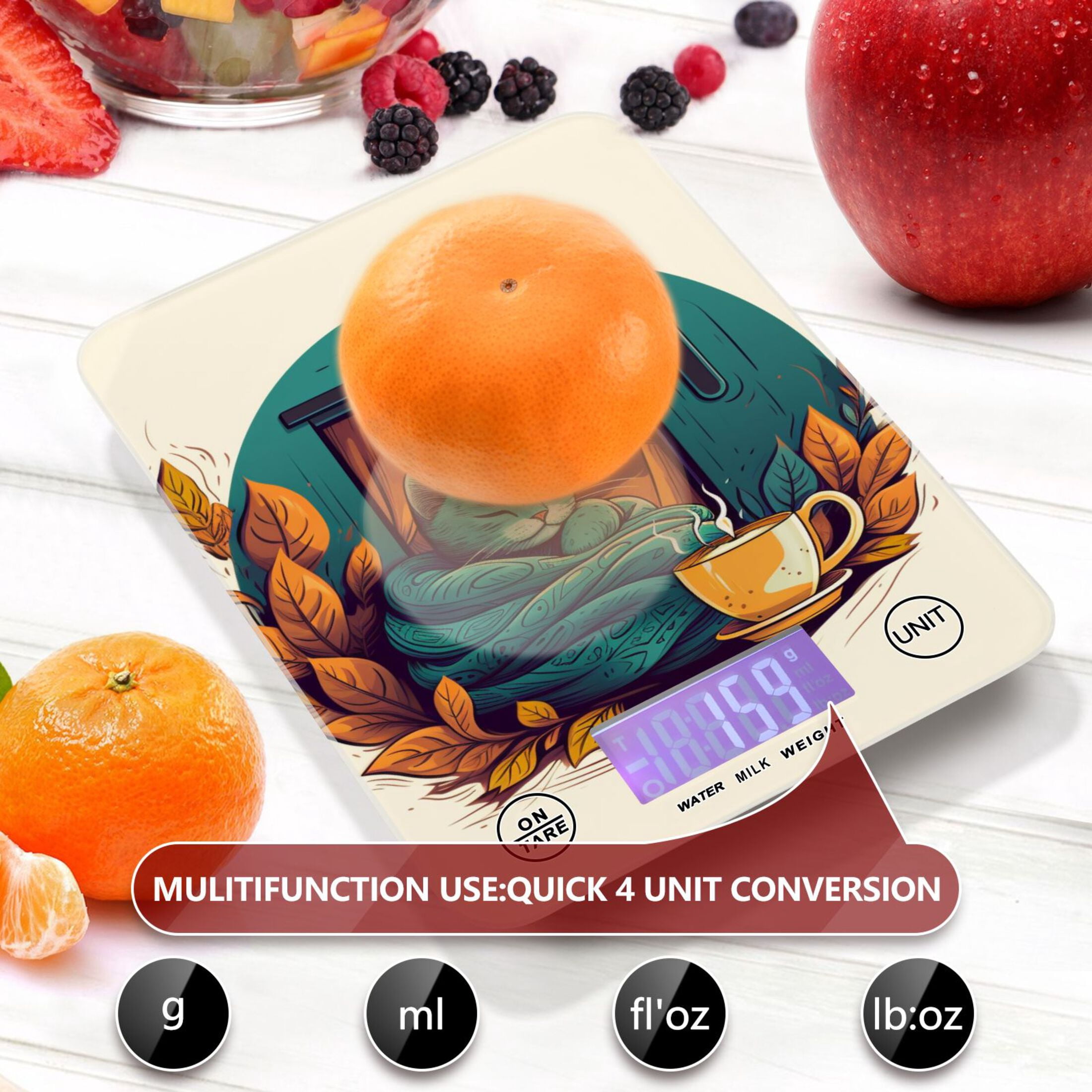 Cat Leaves Cup Blanket Food Scale Digital Kitchen Scale Waterproof Tempered Glass Tare Function 11 lb for Baking Cooking Meal Prep