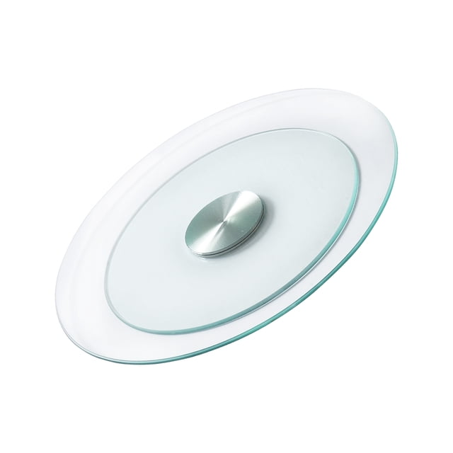 VEVOR Glass Lazy Susan Turntable Dining Table Centerpiece, a 20-inch rotating tray made of heat-resistant tempered glass with a smooth aluminum alloy base. Features a 360° rotation design for easy access to dishes, polished edges for safety, and a load capacity of 110.23 lbs. Ideal for family meals, restaurants, and formal events.