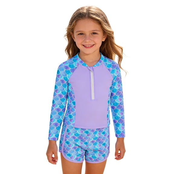 Hienoo Girls Scale Print Long Sleeve Rash Guard Swim Shorts 2-Piece Swimsuit, Sizes 3-7