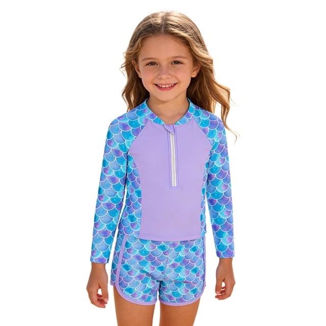 HUANBAI Summer Girls Swimwear Two Piece Rash Guard With Gradient Scale Print And Front Zip Long Sleeve Beach 6-7 Years