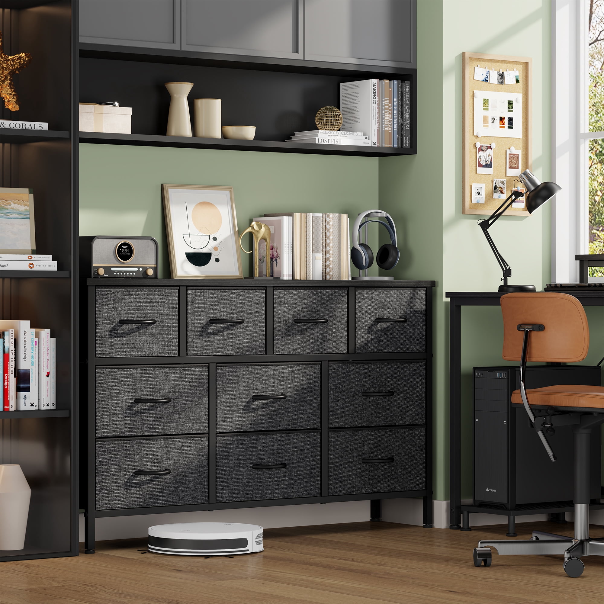 Laintene Dresser TV Stand with 10 Drawer, 50" TV Stand with Power Outlet, Fabric Dressers for Bedroom, Wooden Top for Storage, Chest of Drawers for Living Room, Hallway, Entryway, Gray