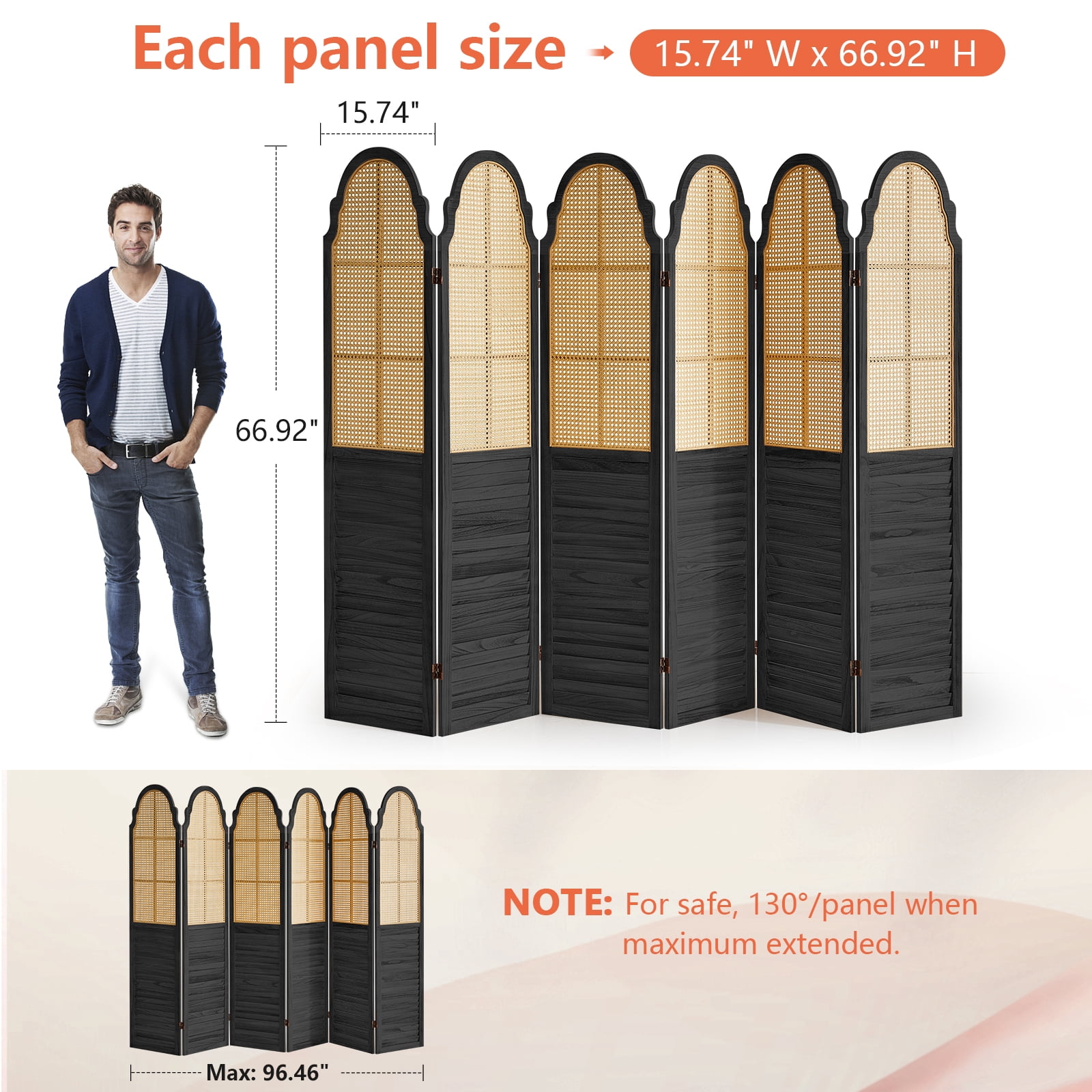 Aletheiawu 6 Panel Rattan Room Divider, Foldable Privacy Screen, No Installation Required, Black