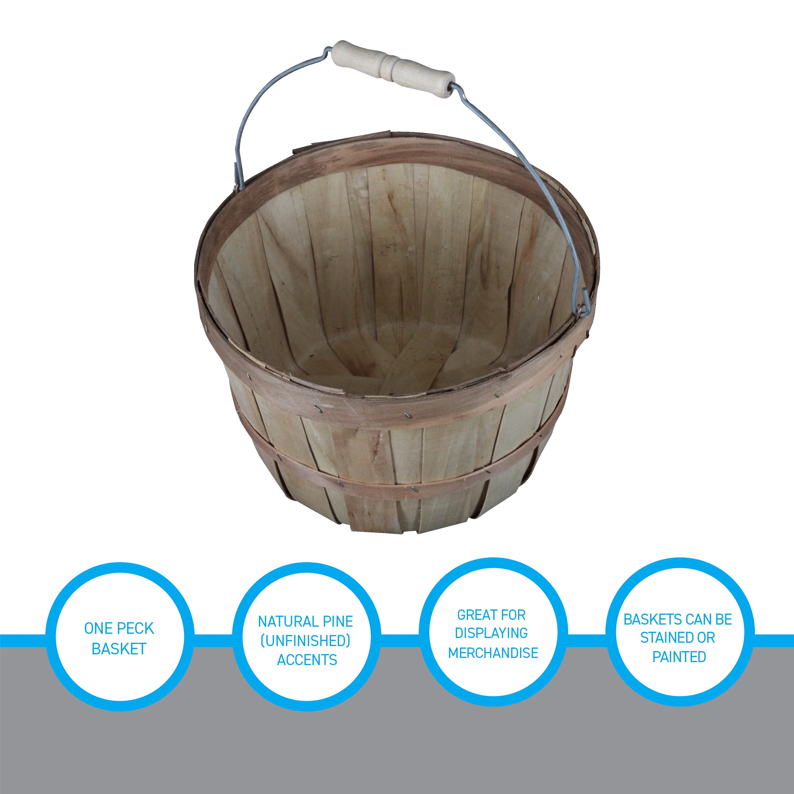 SSWBasics One Peck Basket With Handle - Set of 3 - Natural Unfinished Pine Wood Apple