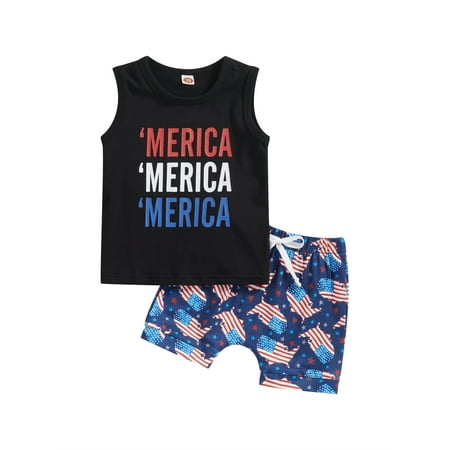 

4th of July Toddler Baby Boys Clothes Letter Print Sleeveless Vest Tank Tops Shorts Set Independence Day Summer Outfits