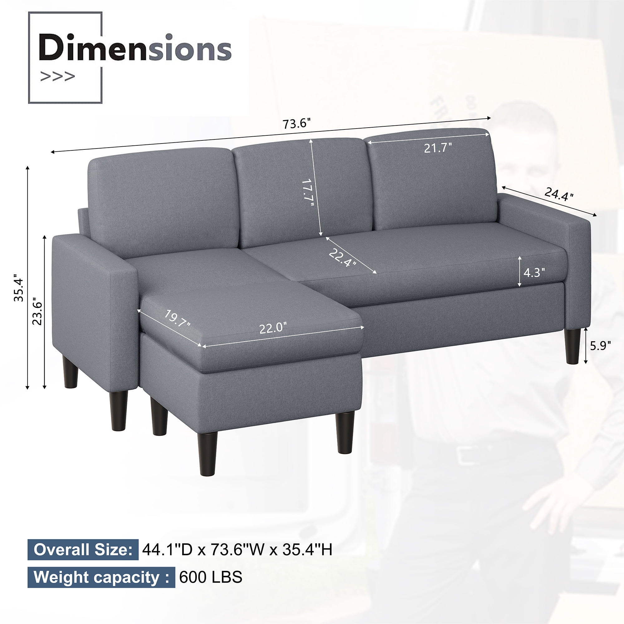 Walsunny 73.6" Convertible Sectional Sofa Couch, L-Shaped 3-Seat Sofa Couch with Reversible Chaise for Small Space,Dark Gray