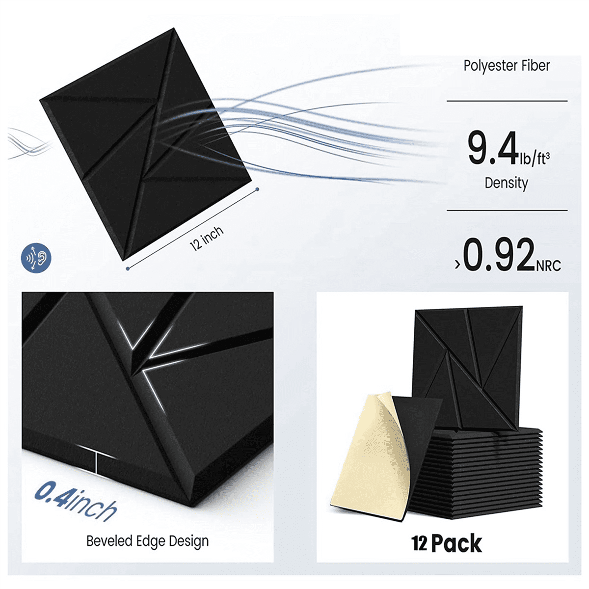 24Pack Acoustic Panels with Self-Adhesive, 110.4Inch Sound Proof Foam Panels,Sound Panels High Density, Black