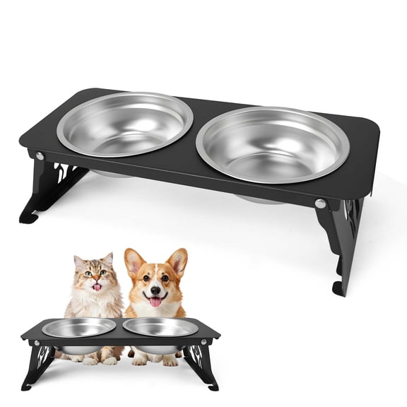 Black Elevated Pet Feeder with 2 Stainless Steel Bowls – 10° Tilted Design, Foldable Space-Saving Stand for Dogs & Cats
