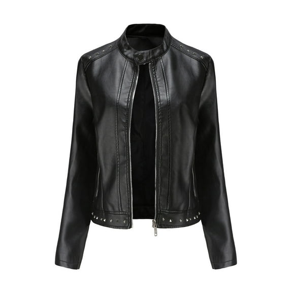 Tejiojio Coats Clearance Women's Slim Leather Stand Collar Zip Motorcycle Suit Belt Coat Jacket Tops