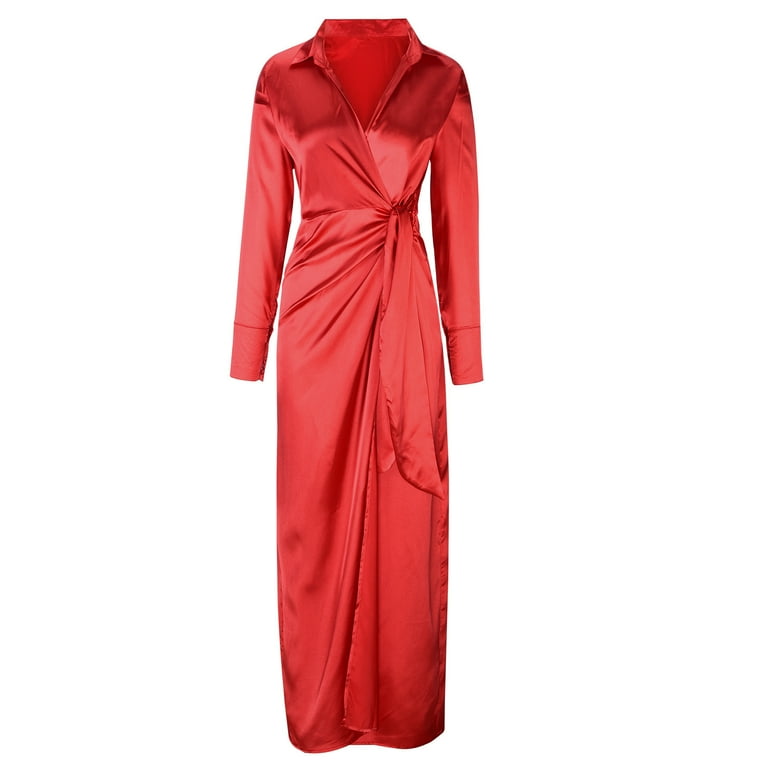SCSAlgin Women's Satin Silky Long Sleeve Laple V Neck Lace Up High Waist  Side Split Floor Length Wrap Maxi Shirts Dress - Walmart.com