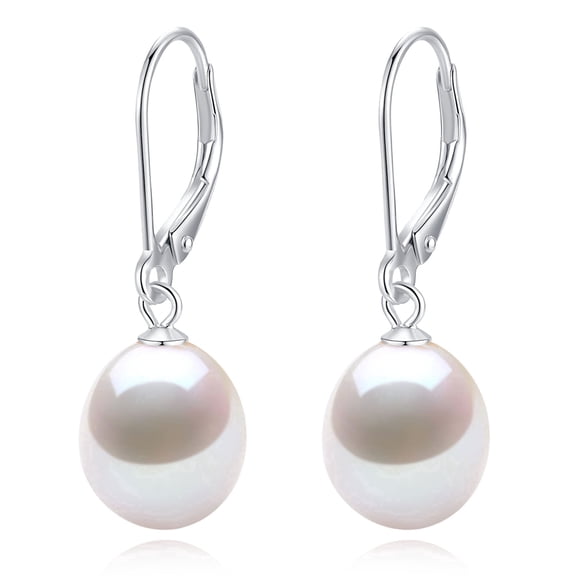 BAMIKI 10mm Cultured Pearl Drop Earrings for Women, 925 Sterling Silver Leverback Dangle Earrings, Hypoallergenic Jewelry Gift
