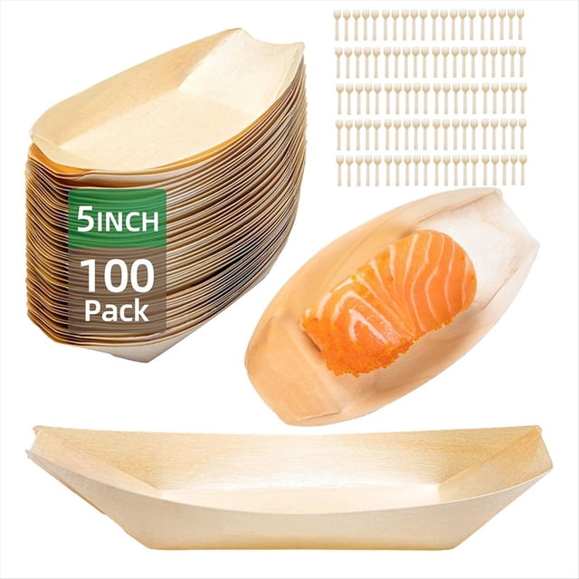 Juego de 100 Platos Desechables de Madera, Platos de , Bandejas de Comida, Platos de Postre Desechables y Barquitos de Comida Desechables.