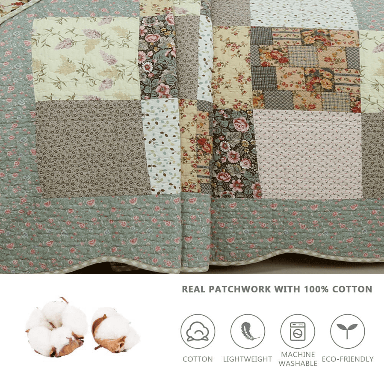 Country Floral Chic Scalloped Patchwork Cotton 3-Piece Quilt Bedding Set