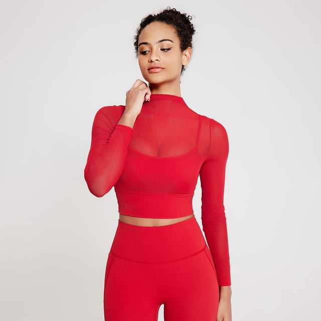 Ropa de yoga de malla sexy con cuello alto de otoño e invierno, sujetador deportivo de dos piezas de manga larga de secado rápido con almohadilla para el pecho, ropa de fitness superior