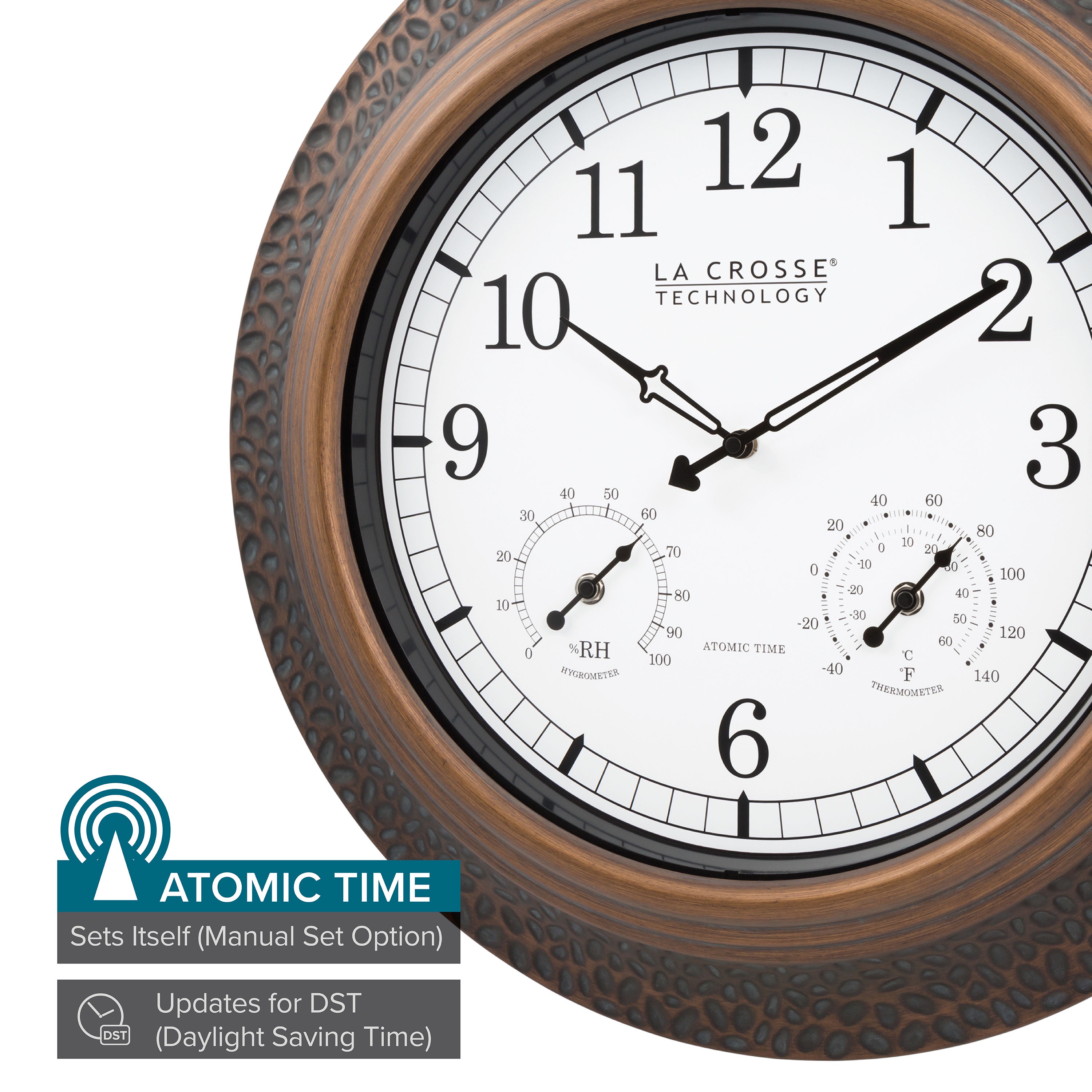 La Crosse Technology 21 inch Indoor/Outdoor Atomic Metal Wall Clock with Temp & Humidity, 433-3256A-INT