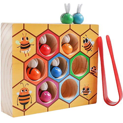 Toddler Fine Motor Skill Toy, Clamp Bee to Hive Matching Game, Montessori Wooden Bee Hive Toys for Toddlers,Wood Color Sorting Puzzle Early Learning Preschool Educational Gift for 2 3 4 Years Old Kids