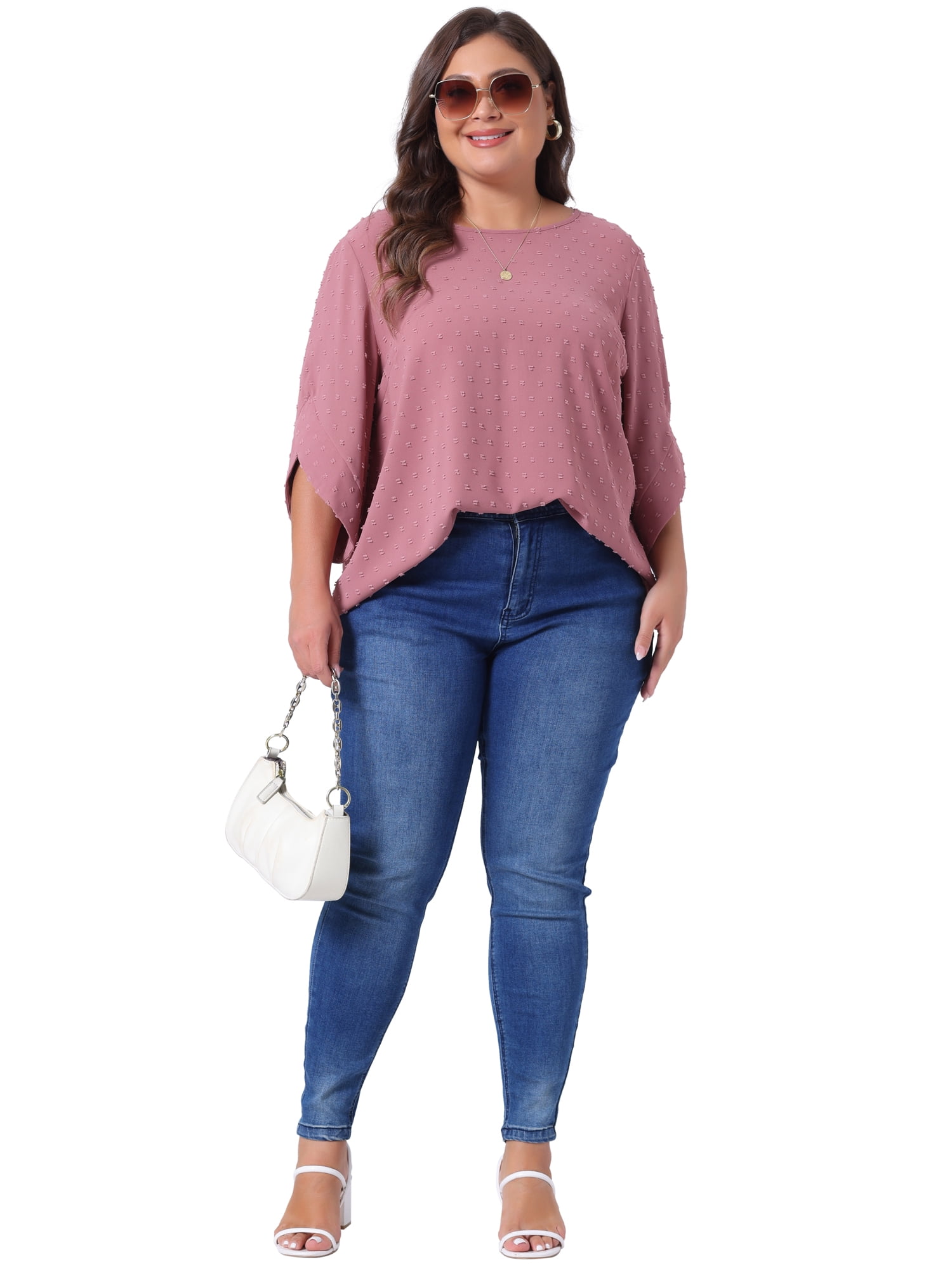 DARING DIVA Women's Plus Petal Sleeve Swiss Dots Blouse T-Shirt Tops 1X Dark Pink