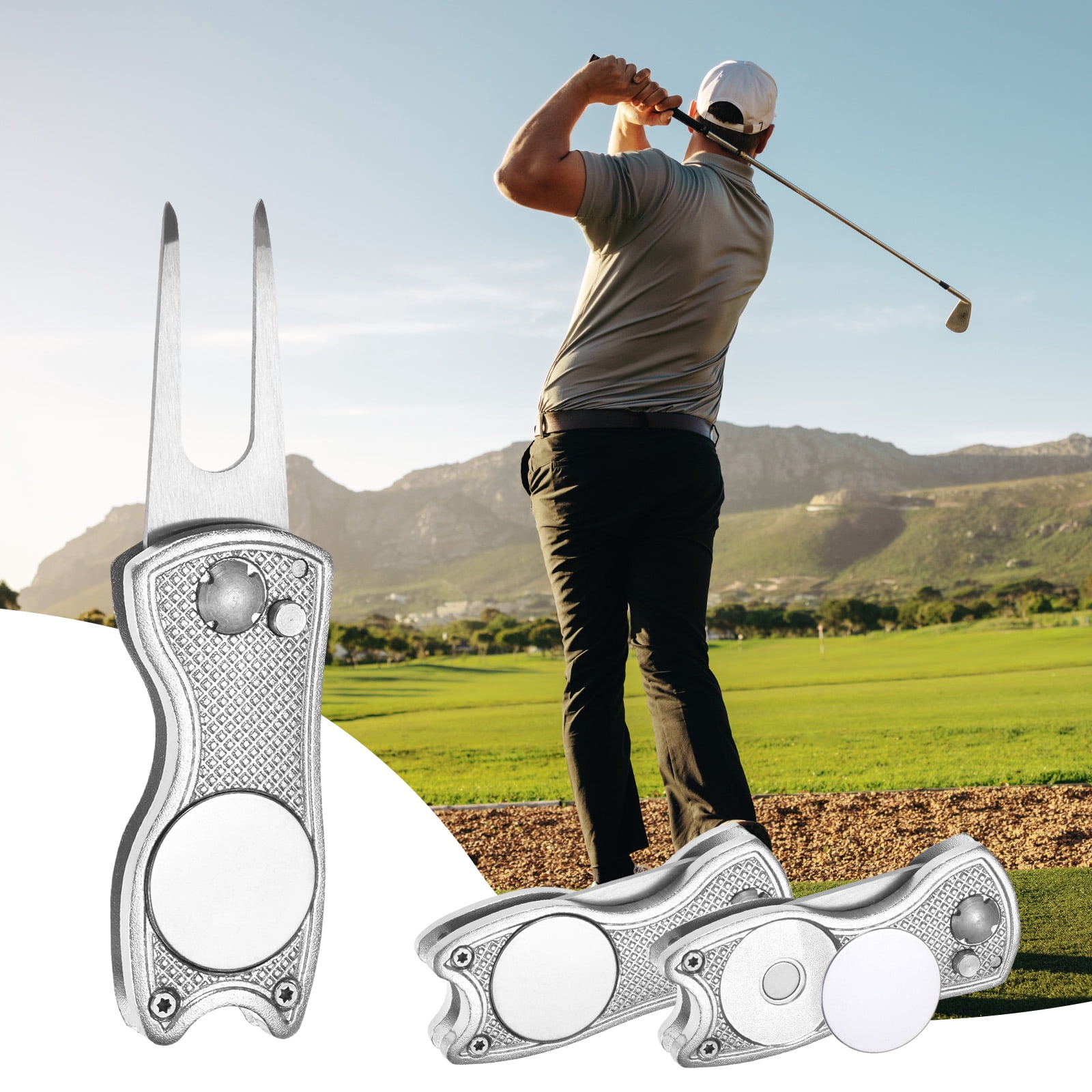 Uxcell Golf Divot Repair Tool [4PCS] - Switch Foldable Divot Tool Rack with Magnetic Ball Marker - [Silver] Green Fork Tines