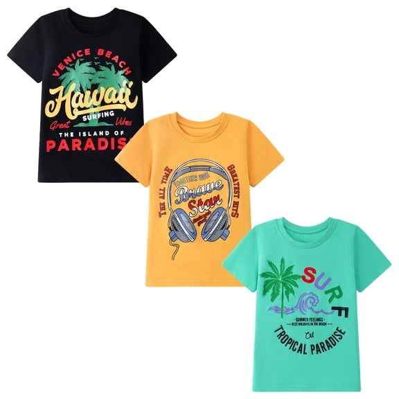 HILEELANG Kids Boys T-Shirts 3 Pack, 100% Cotton Short Sleeve Te for 6-12Y, Vintage Hawaii Surf & Music Theme Summer Tops for Teen Boys