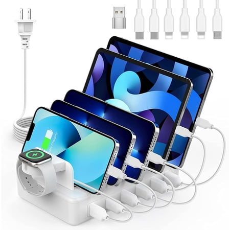 Charging Station for Multiple Devices, 50W 6 Ports Charging Dock with Stand | 6 Cables, Compatible with Cellphone,Tablet, Kindle, Apple Watch and Other Electronic, 1 USB-A to USB-C Adapter Converter
