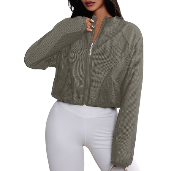 Women'S Mesh Sheer Zip Up Jacket Mock Neck Light-Weight Athletic Outerwear with Pockets Gray M