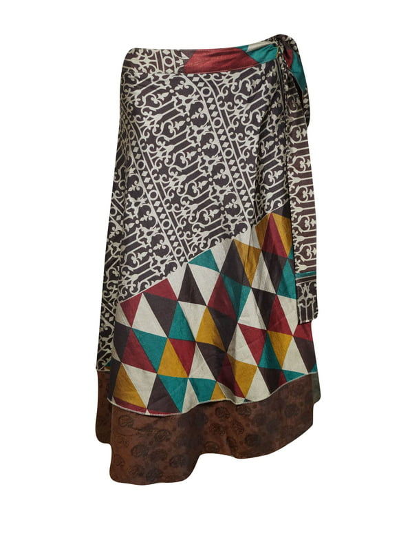 Mogul Women Colorful Wrap Skirt 2 Layer Printed Indian Vintage Sari Reversible Beach Wear Wrap Around Skirts