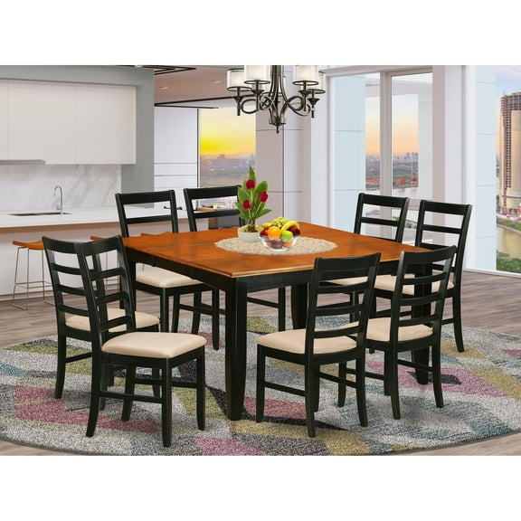 East West Furniture PARF9-BLK-C 9 Pc Dining room set-Square Dining Table with Leaf and 8 Dining Chairs