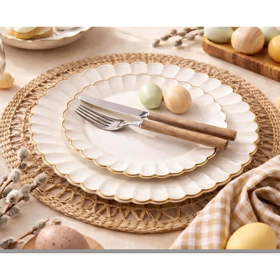 Heavyweight Ivory Gold Easter Plastic Plates Set - 100 Pc Elegant Disposable Dinnerware for Party Wedding