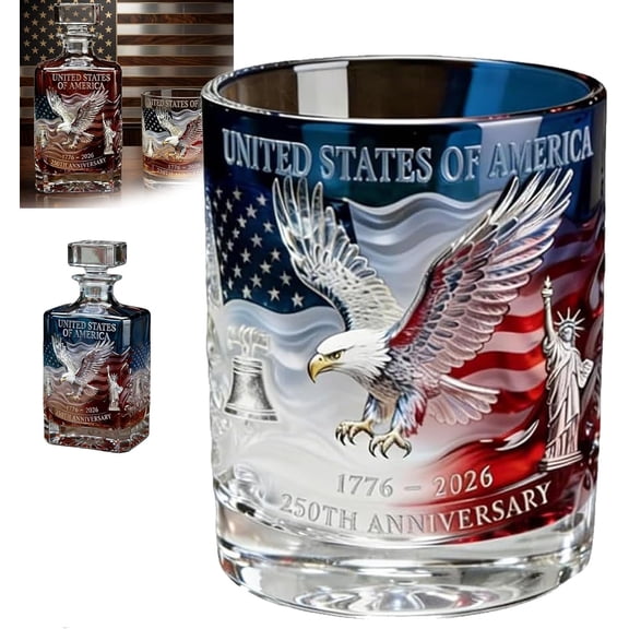 250th Anniversary Whiskey Bottle Glass, 2026 USA Heritage Commemorative Decanter Patriotic for Bourbon or Wine Independence Day Home Bar Glasses Father Dad Veteran Gifts