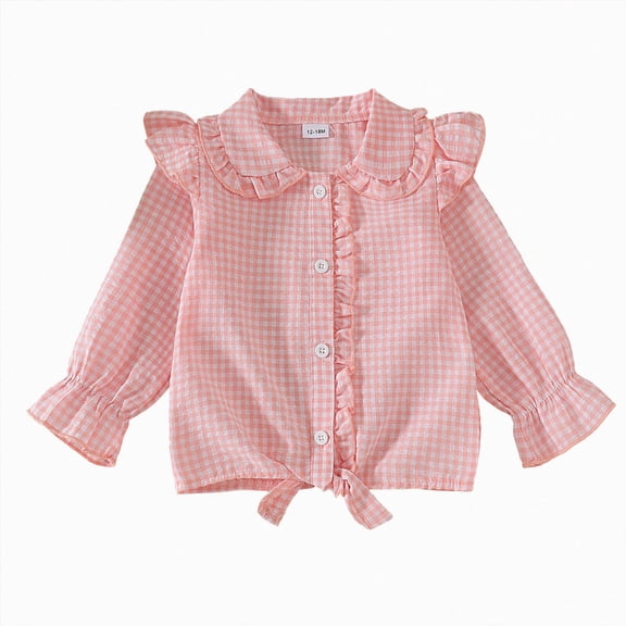YDFCWXW Girls Long Sleeve Plaid Ruffle Button Down Shirt Cowgirl Western Tie Front Blouse 5-14 Years (Pink, 3-4 Years)